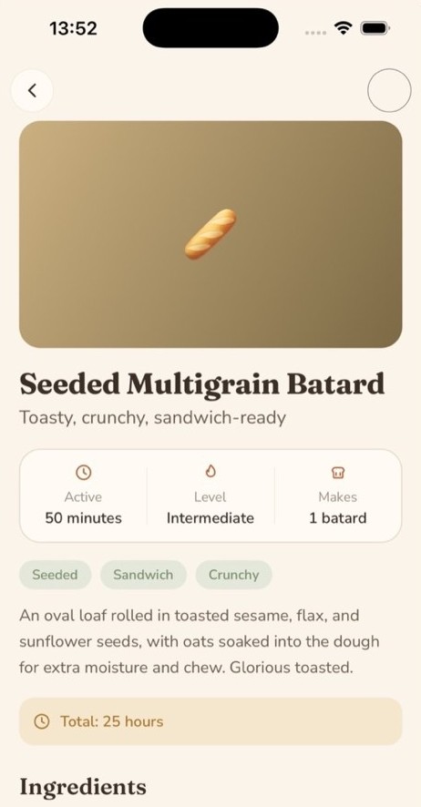 Recipe screen: seeded multigrain batard with exact timings